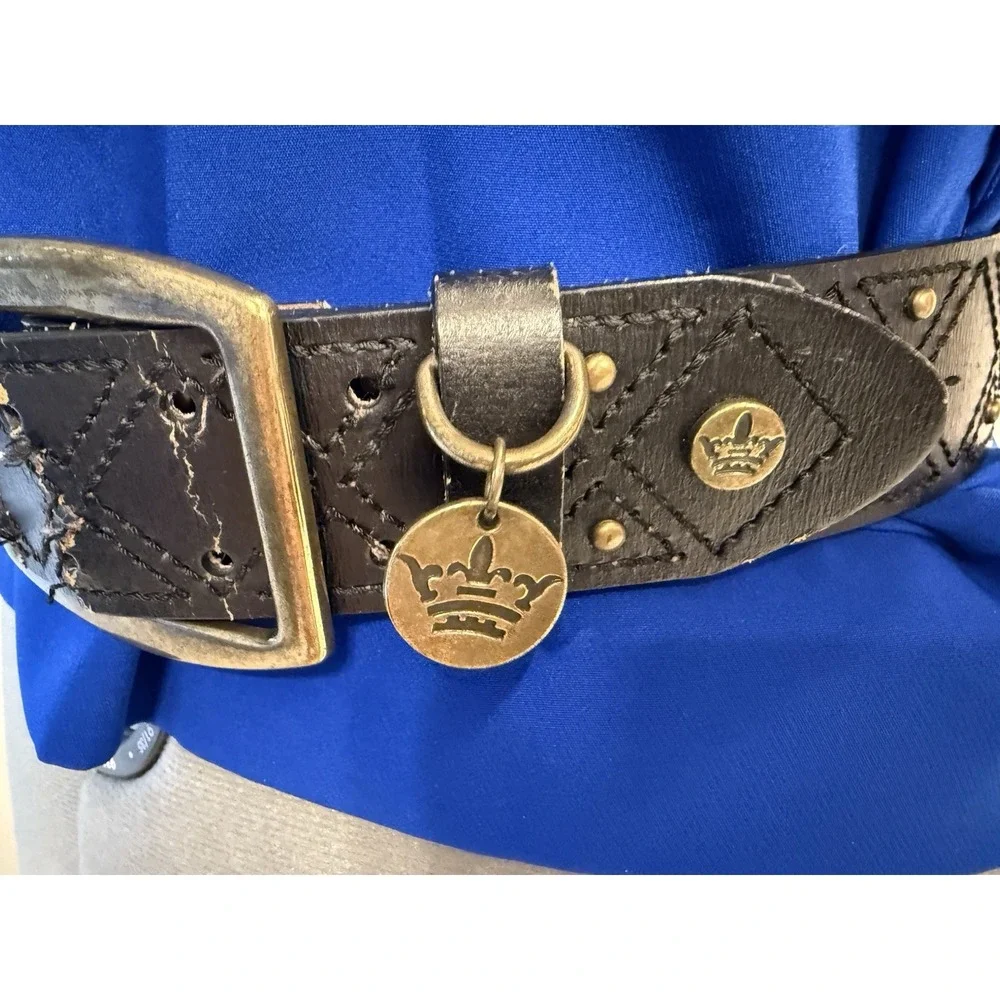 VTG Worn Studded Black Leather Belt Gold Color Buckle Sz 38